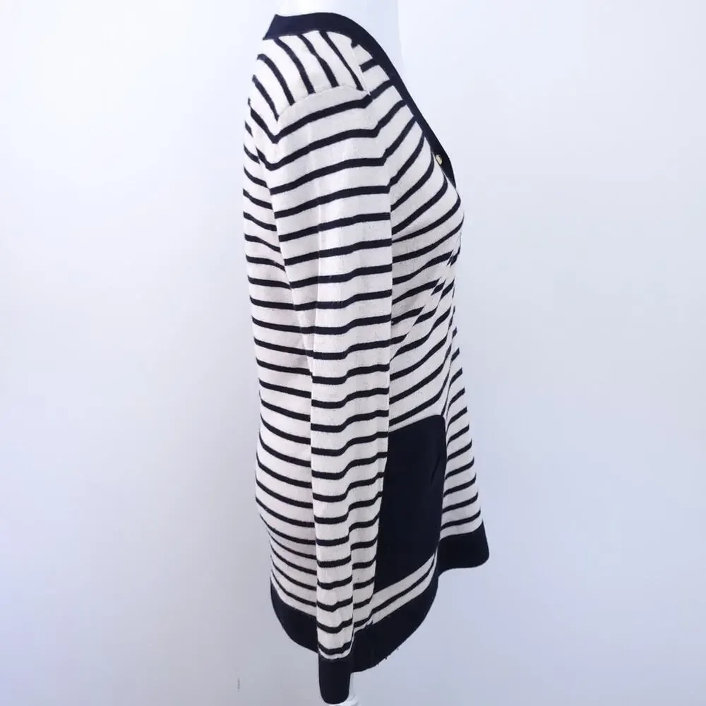 Tory Burch Striped Sweater Small Navy, Cream Wool Cashmere Model Blend, Vneck